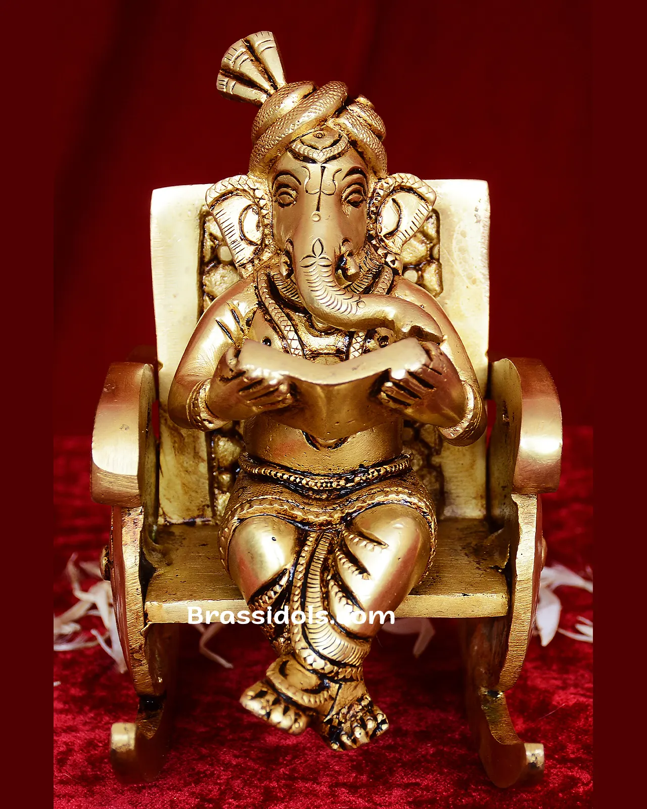 Brass Ganesha reading sitting on Chair idol - 4 inches - image 1