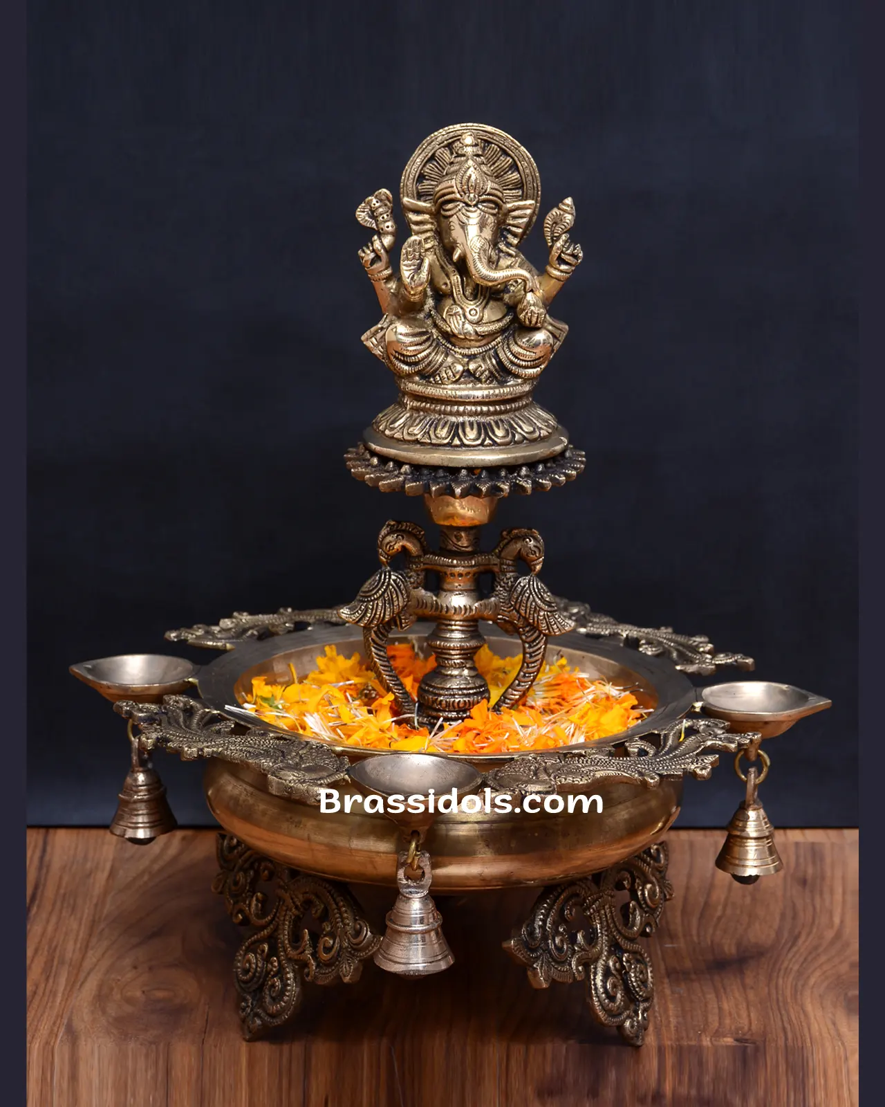 Brass Standing Ganesh Side Deepak Urli - image 2
